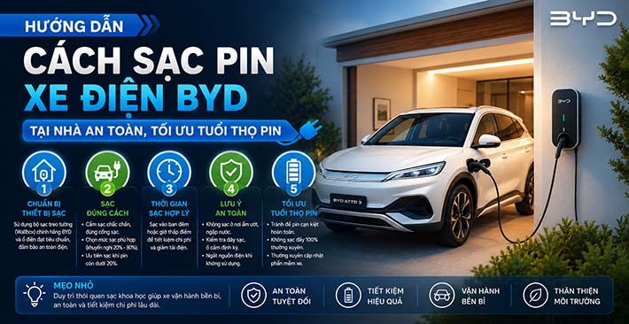 Hướng Dẫn Cách Sạc Pin Xe Điện BYD Tại Nhà An Toàn, Tối Ưu Tuổi Thọ Pin
